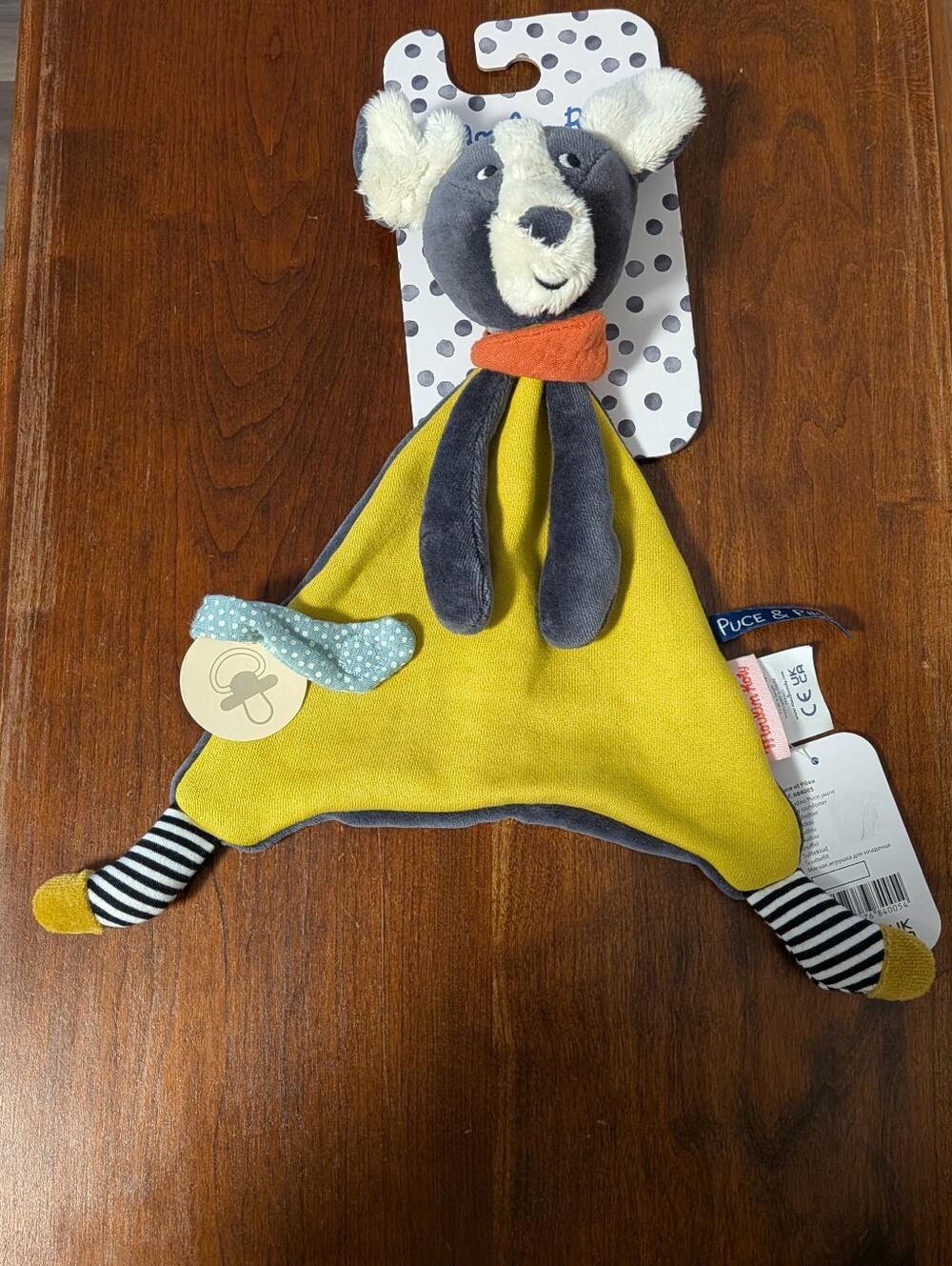 Moulin Roty. Puce The Dog Plush Lovey Comforter in Mustard and Charcoal. French